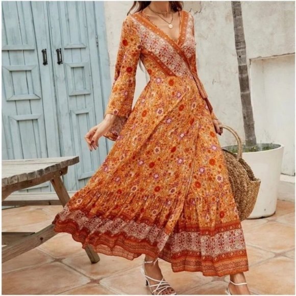 . Dresses & Skirts - Boho Floral Print Wrap Maxi Dress orange